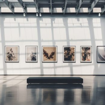 An art gallery with beautiful paintings displayed on minimalist white walls. Generative AI